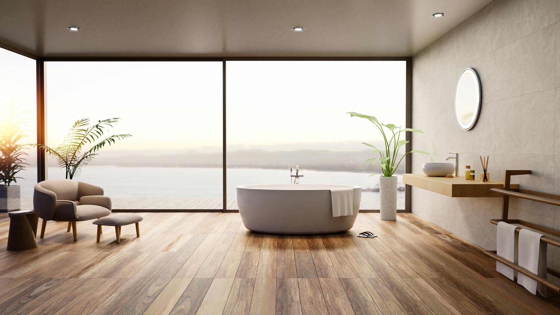 3D-Darstellung eines luxuriösen, möblierten Badezimmers mit runder Badewanne, Holzparkettboden und Meerblick bei Sonnenuntergang.