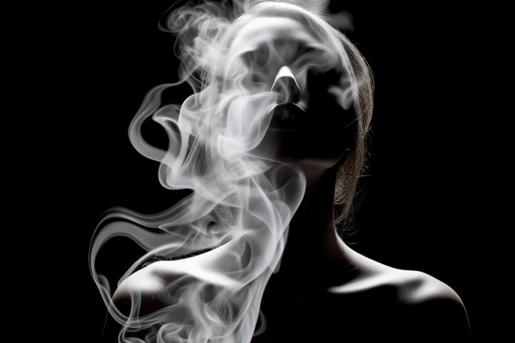 Schwarz-Weiß-Porträt von Schöne Silhouette Frau mit Rauch Zigarette, Retro-Stil Porträt Schatten,