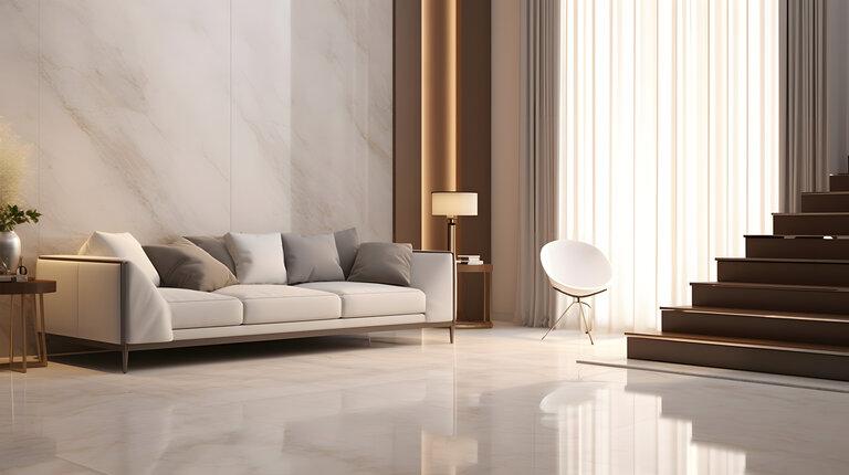 Weißer Marmor Bodenfliese in braunen Wand Halle, Luxus-Wohnzimmer mit beige Ecksofa, Beistelltisch, Holztreppe im Sonnenlicht vom Boden bis zur Decke
