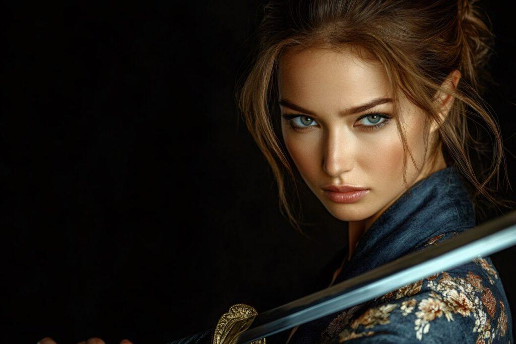 Junge Frau mit intensivem Blick hält ein Katana, im Hintergrund dunkle Atmosphäre, symbolisiert die Verbindung von Tradition und moderner Interpretation der Samurai-Kultur.