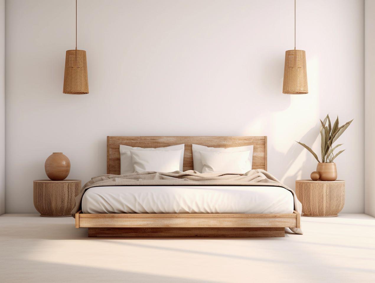 Modernes Boxspringbett mit Holzrahmen in einem minimalistischen Schlafzimmer mit hellen Naturtönen und dezenten Deko-Elementen.