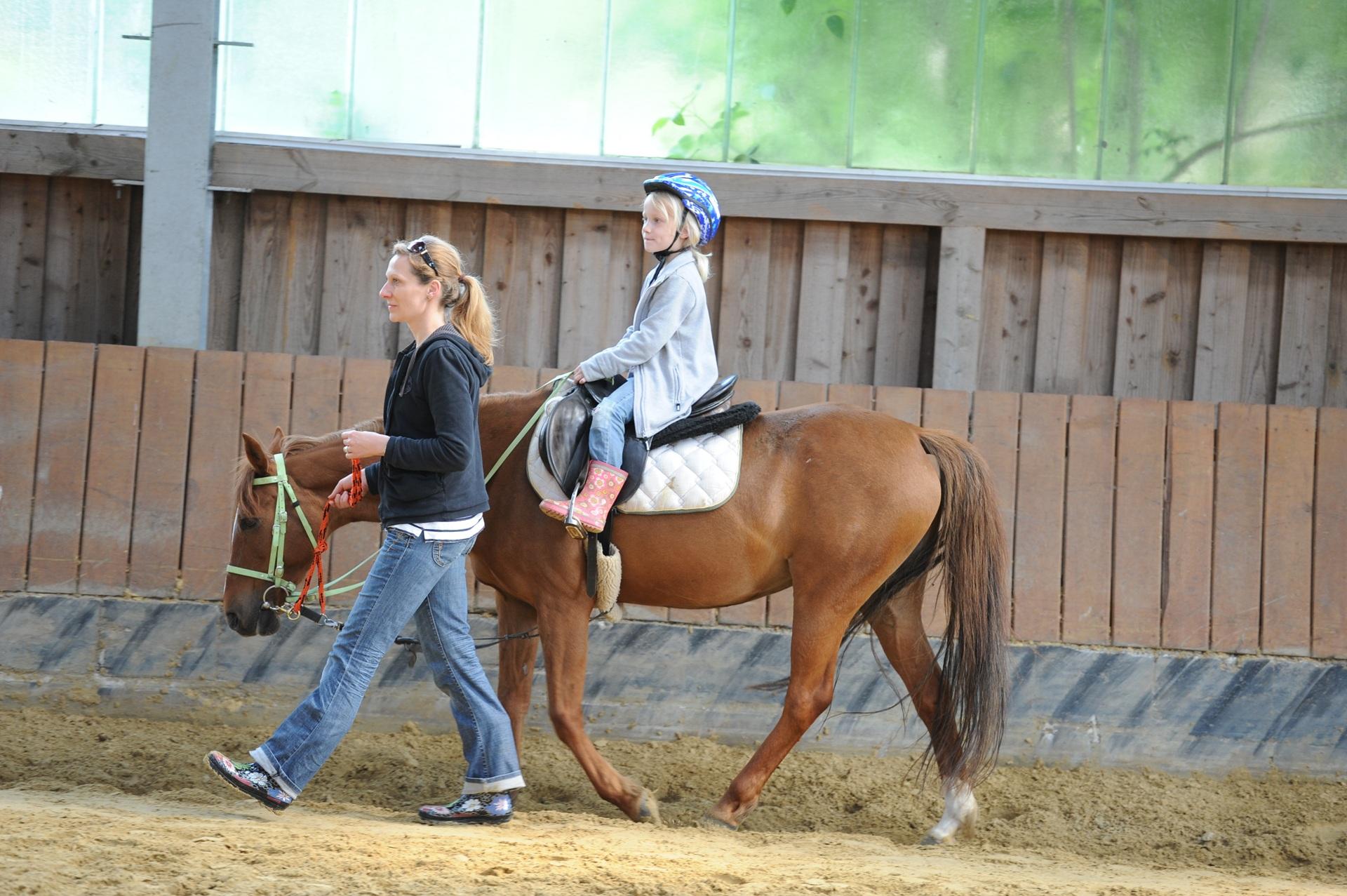 Kind sitzt beim Ponyreiten im Reitunterricht | Heunetze