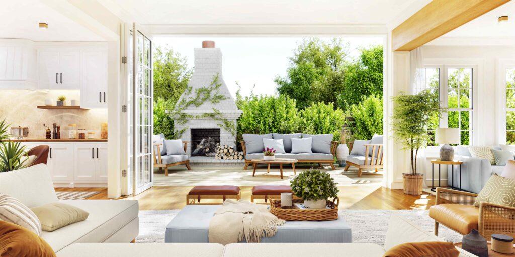 Offenes Wohn-Esszimmer mit weißer Küche. Gemütlicher Patio mit einem Kamin.