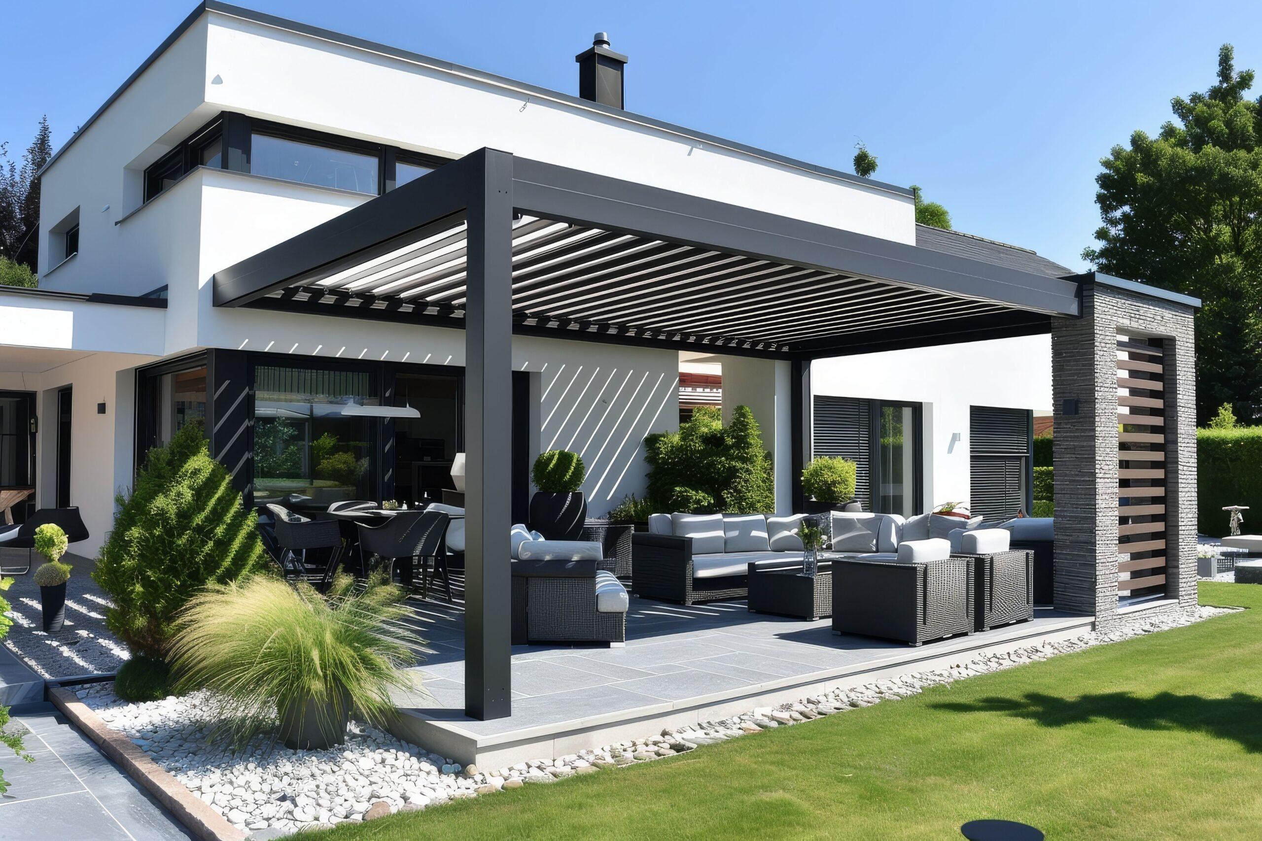 Moderne Terrassenüberdachung an Einfamilienhaus mit klarer Linienführung und Lounge-Möbeln