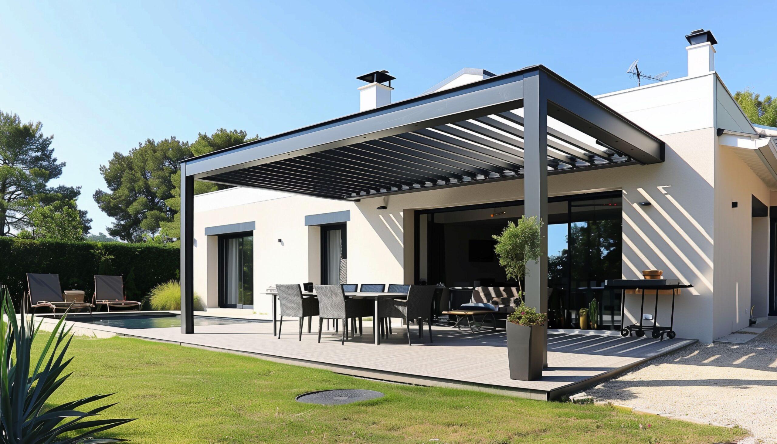 Moderne Terrassenüberdachung aus Aluminium an Einfamilienhaus – mit Essbereich und gepflegtem Garten