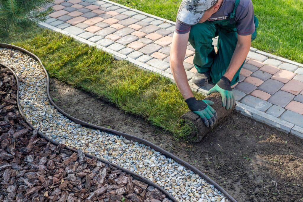 Gartenbau Mannheim – Facharbeiter verlegt Rollrasen entlang gepflastertem Gartenweg
