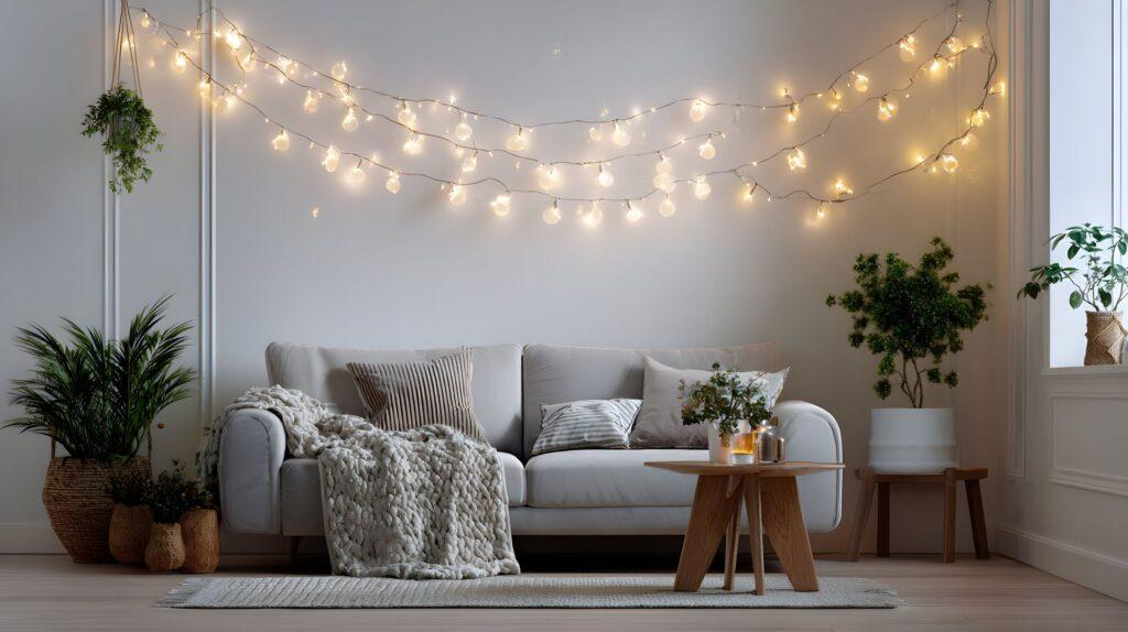 Wohnwaende Inspiration: Helles Wohnzimmer mit Lichterkette, Pflanzen und Dekoration – einladende Stimmung mit Stil