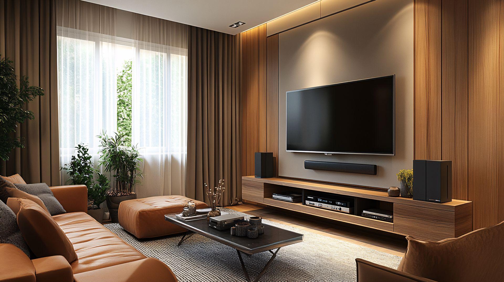 Wohnwaende im Einsatz: Modernes Wohnzimmer mit TV-Loesung, Holzverkleidung und integrierter Medienecke