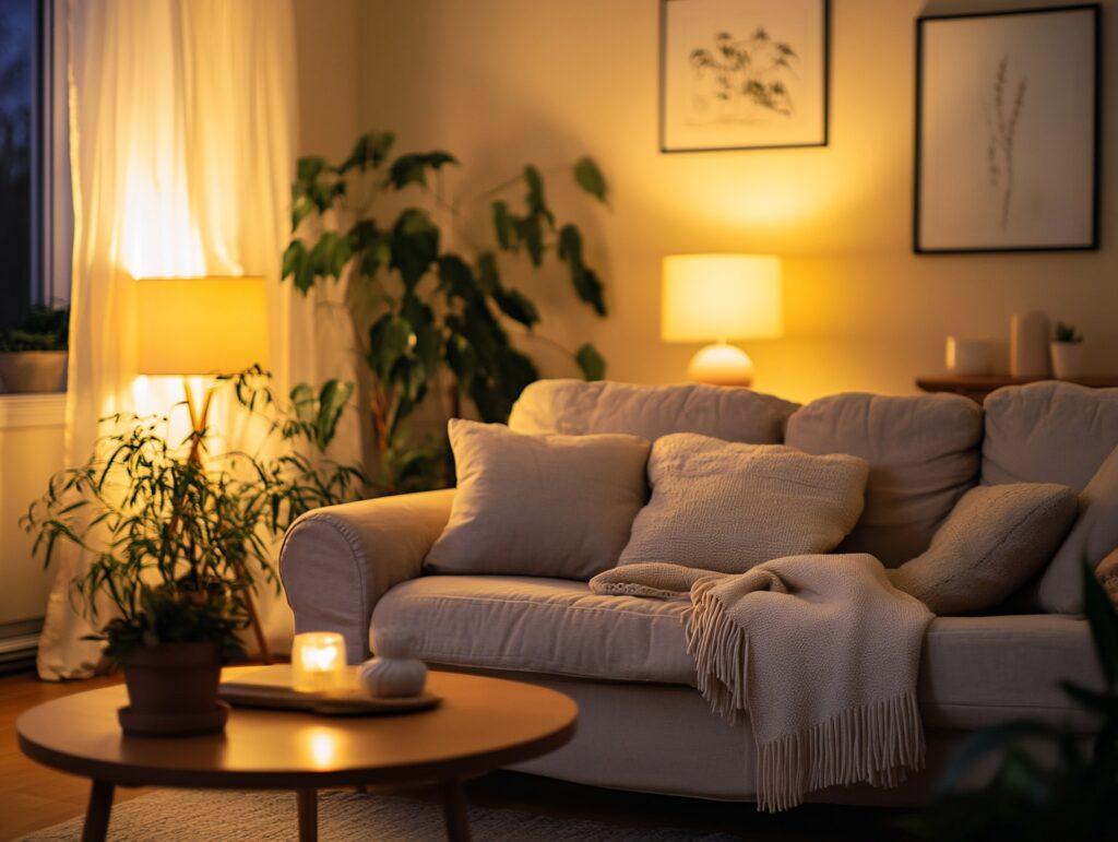 Gemütliches Wohnzimmer mit Sofa und Beleuchtung | Fußbodenheizung nachrüsten