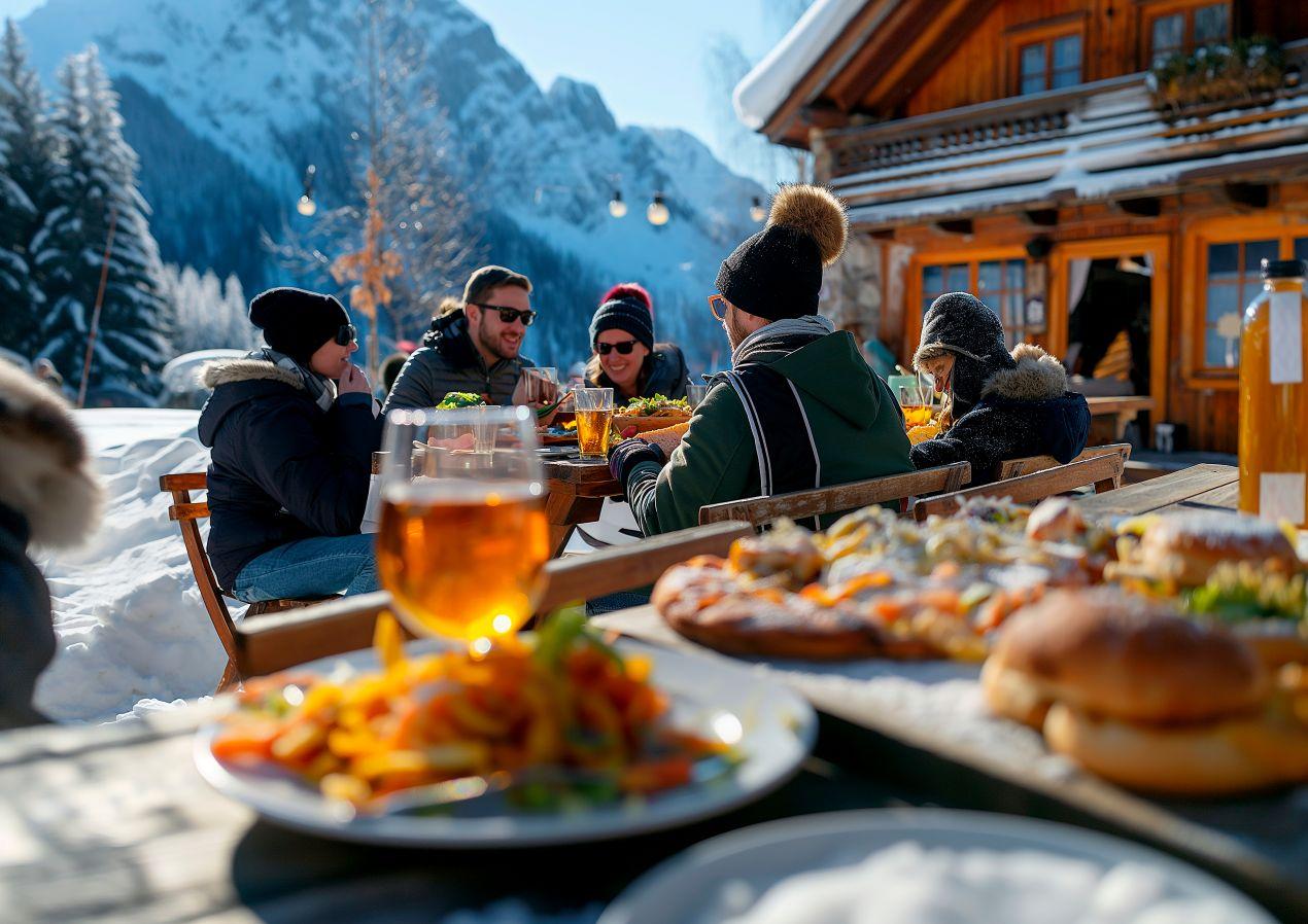 Gruppe isst vor Skihuette Oesterreich Pizza und Burger im Schnee mit Alpen im Hintergrund