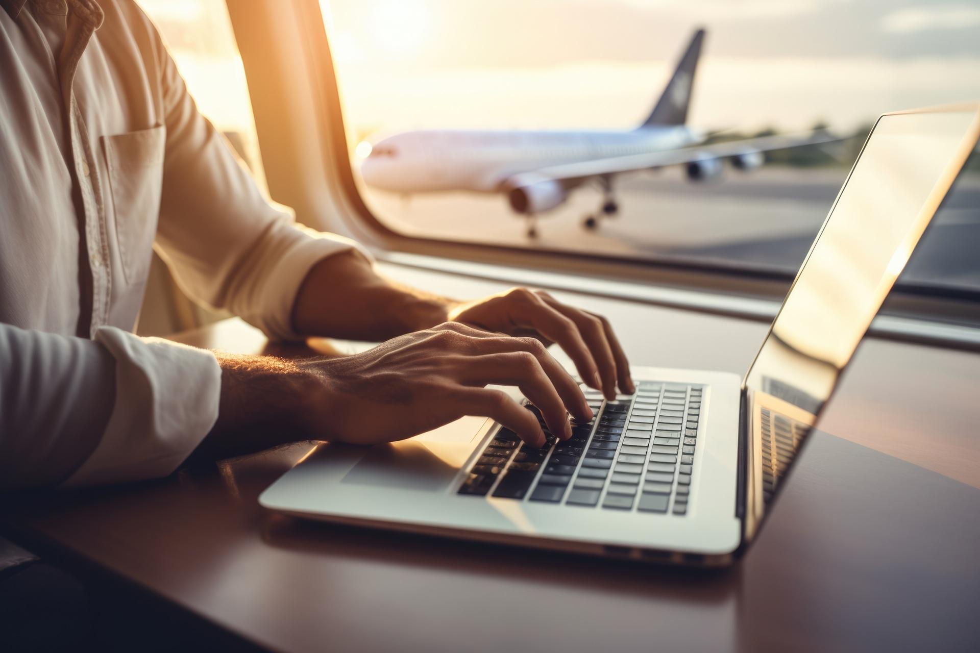 Person tippt auf Laptop mit Blick aufs Flugzeug | Airport parken