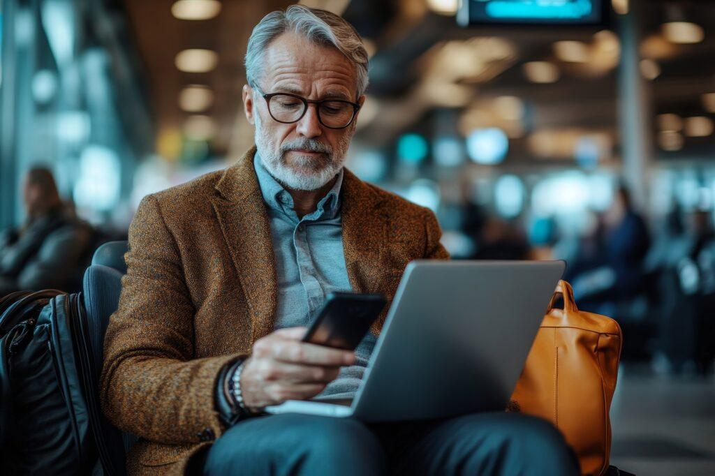 Geschäftsreisender arbeitet im Terminal mit Laptop | Airport parken